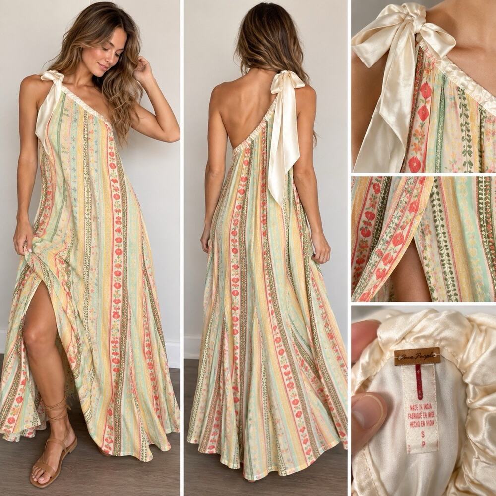 Free People Toya Maxi Dress S/P One Shoulder Floral Stripe Boho Tie Maxi